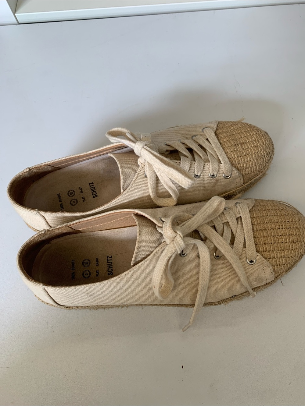SCHUTZ Beige Canvas Lace-Up Sneakers with Woven Toe